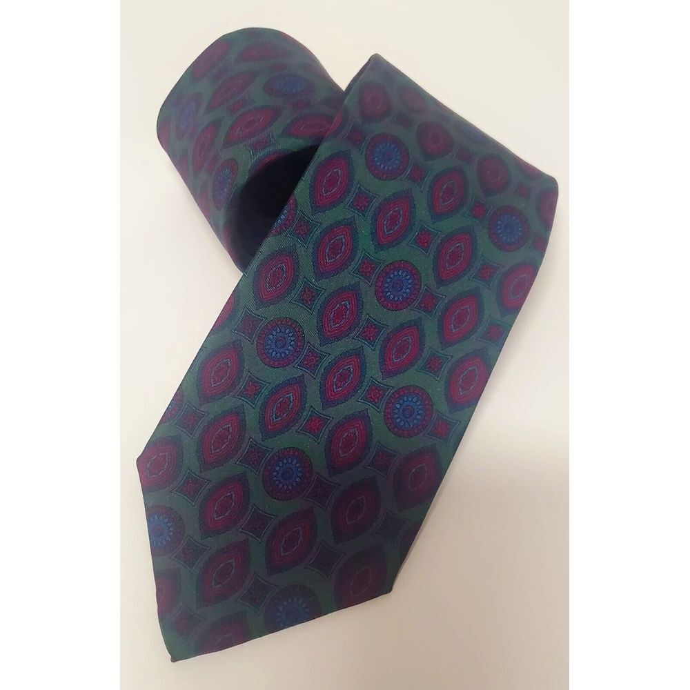 Barneys New York Silk Necktie GJ Cahn Dark Green/ Plum/ Navy Stamped Paisley Tie